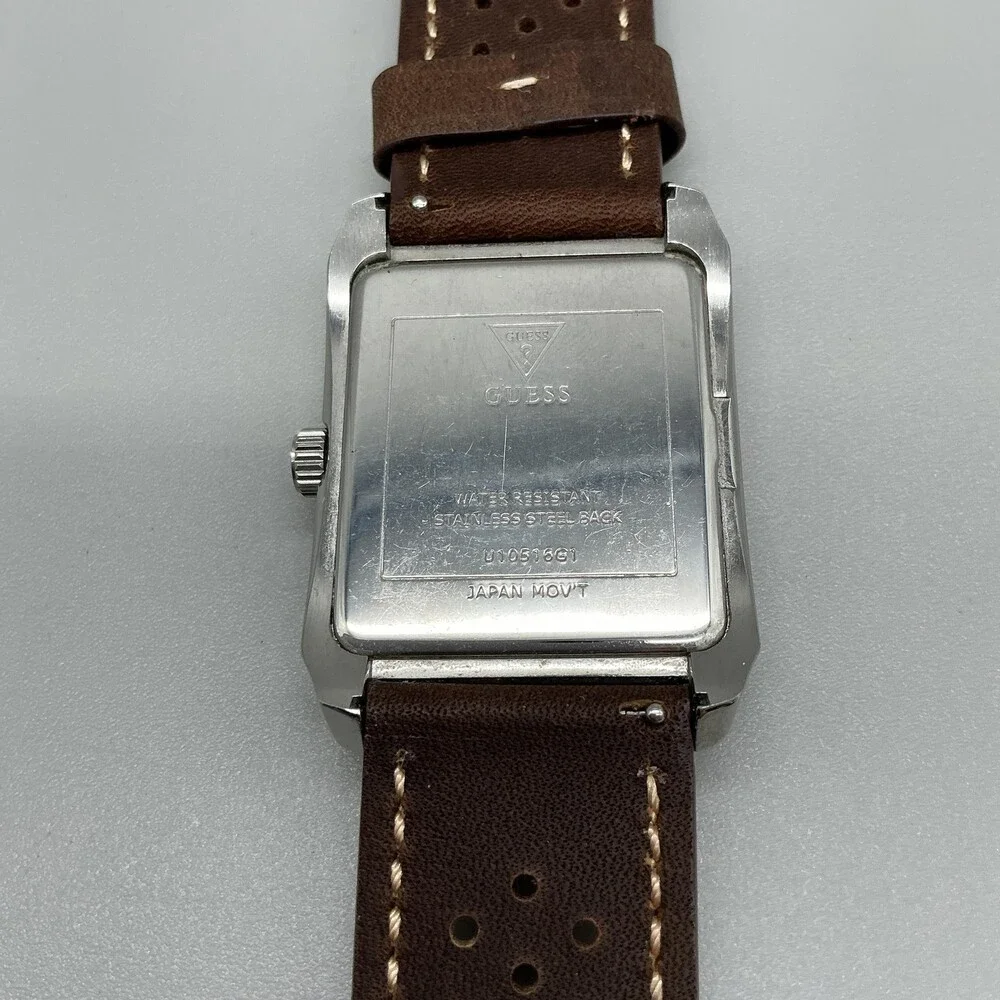 Guess Mens Watch 35mm Black Dial Brown Leather Rectangle Dress New Battery